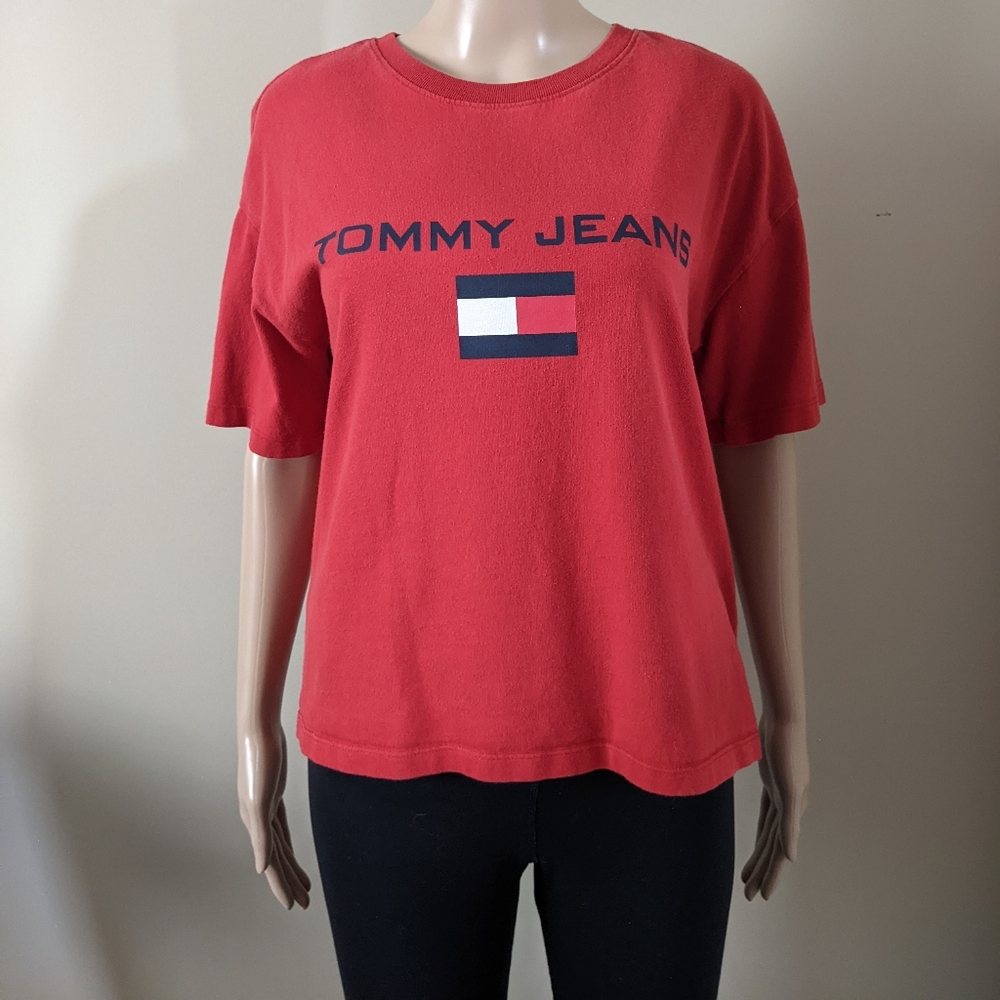 Tommy Jeans red tshirt, women's small oversized